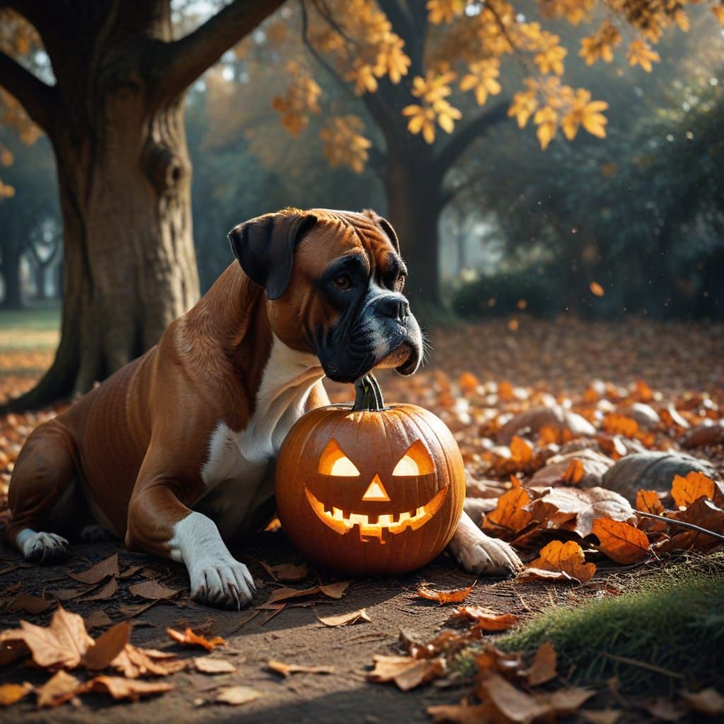 Boxer Carves Pumpkin Under Oak Tree in Autumn Light