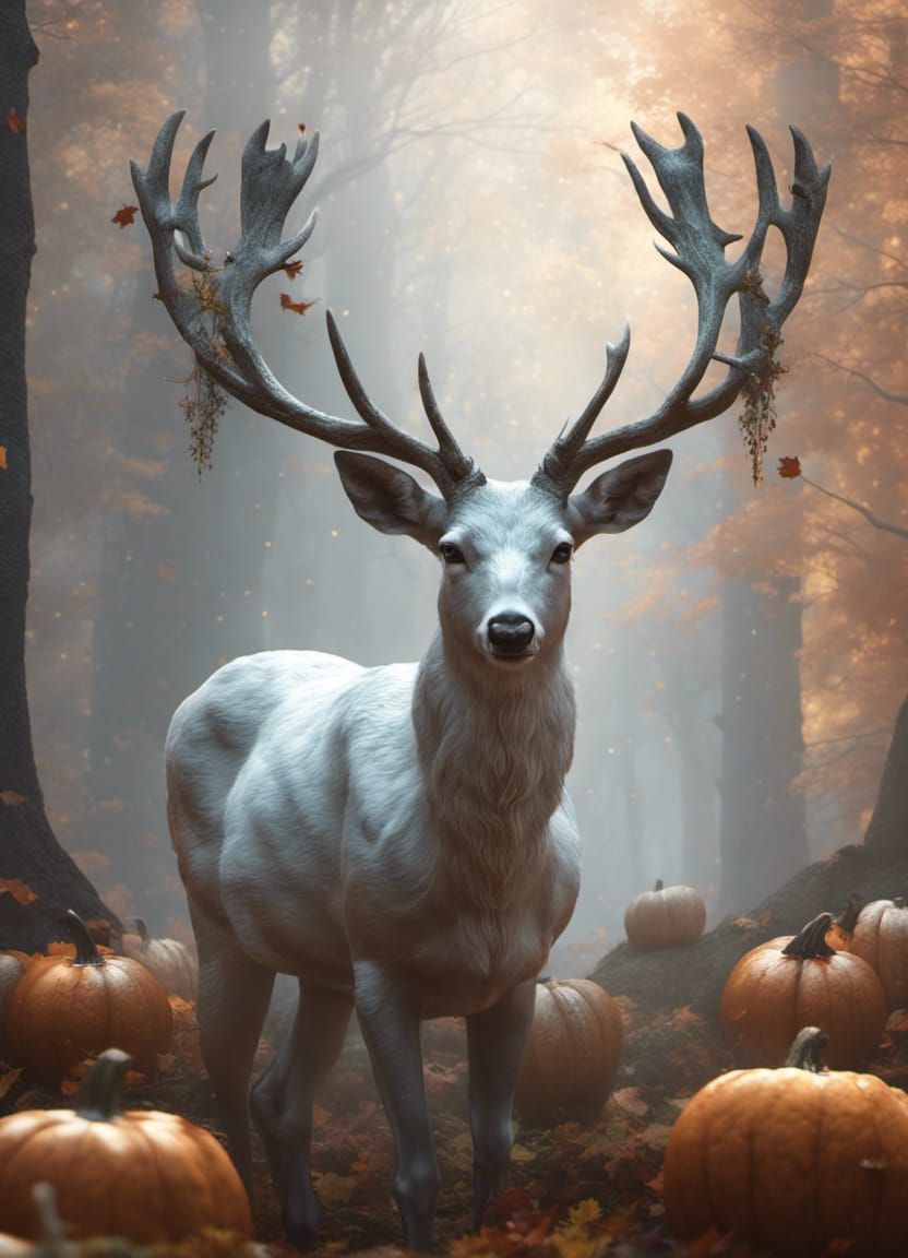 Ethereal White Deer in Autumn Forest, Digital Art