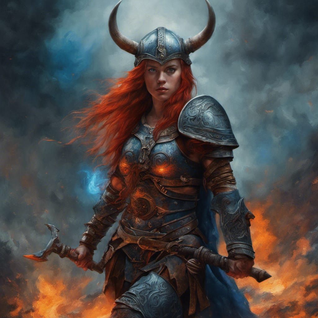 Fiery Viking Warrior Woman in Digital Painting