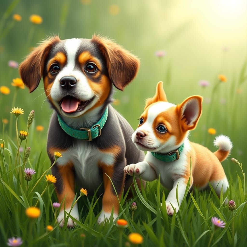 Cute Dog and Puppy Play in Whimsical Meadow