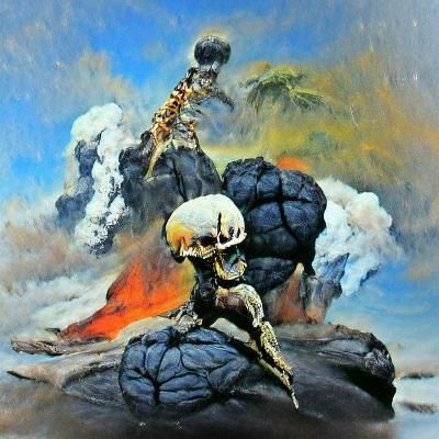Frazetta Style: Skeleton Conqueror Amidst Lava Eruption