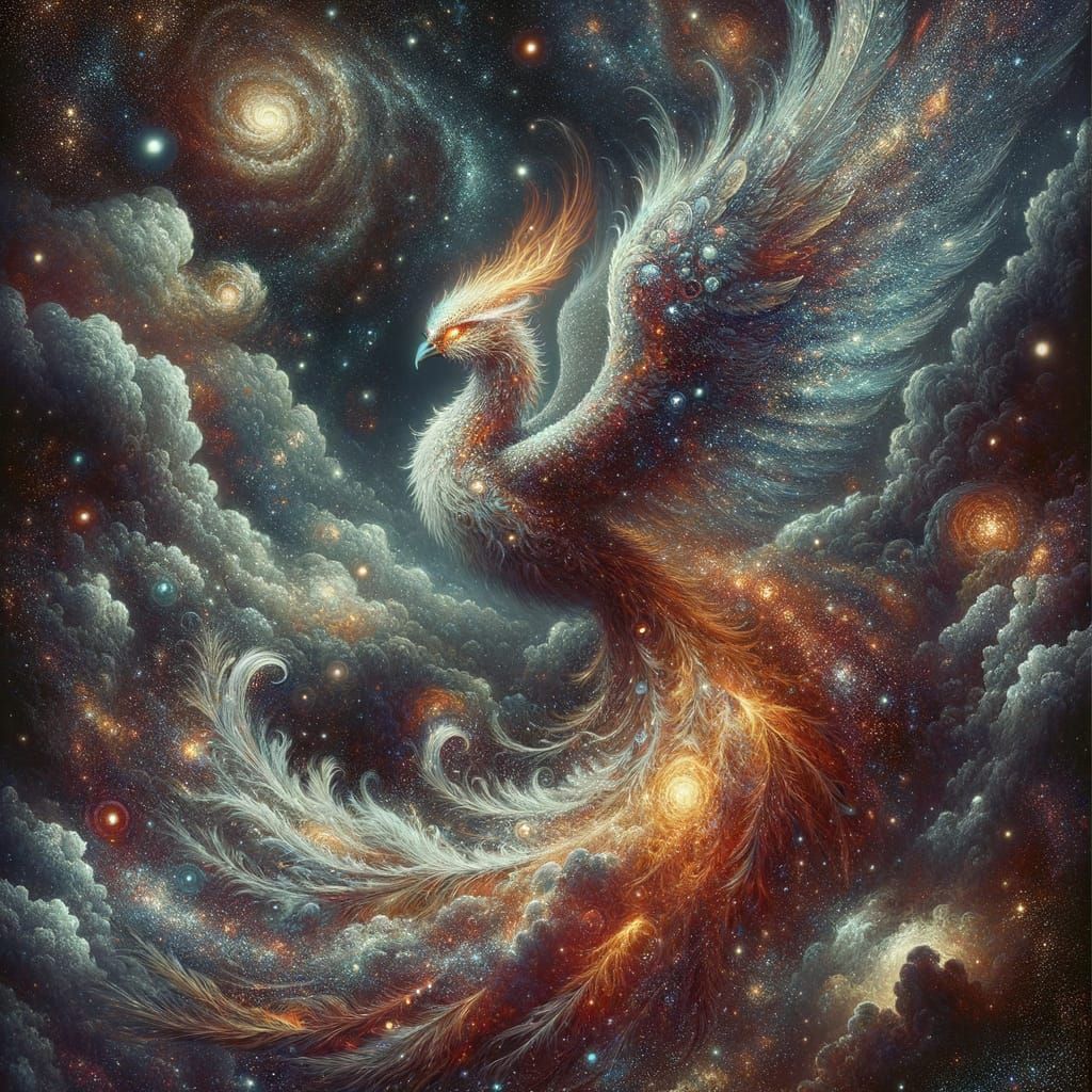 Phoenix Emerges from Cosmic Nebula in Astral Art