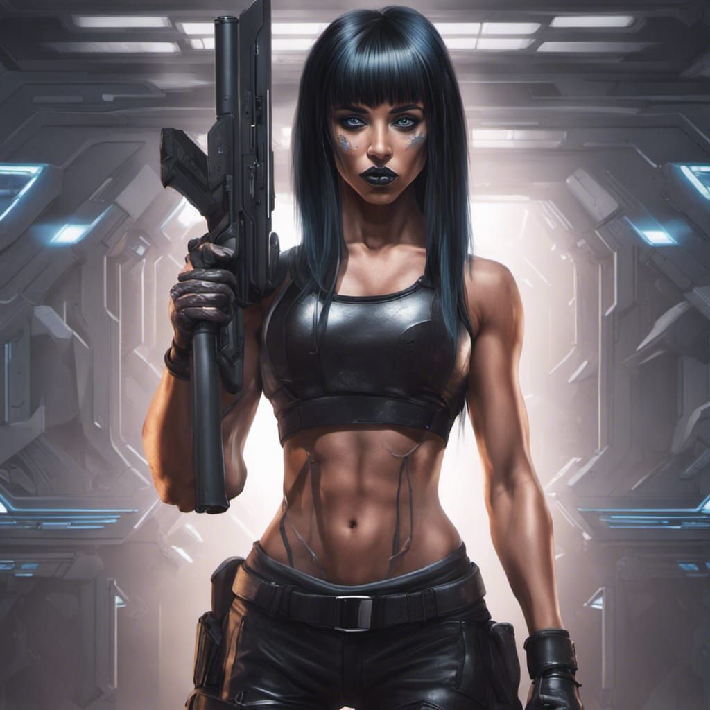 Goth Space Warrior with Assault Rifle in Comic Book Art