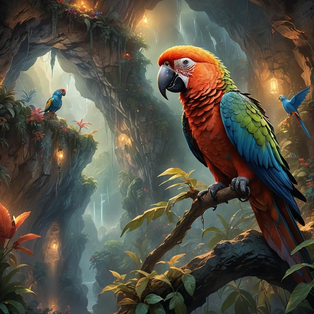 Parrot Telling Stories in Misty Cave: Digital Art