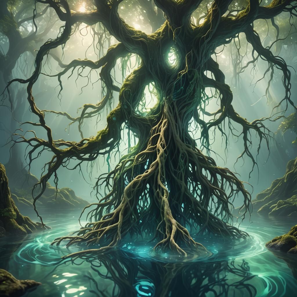 Enchanted Roots in Crystal Water: Fantasy Concept Art