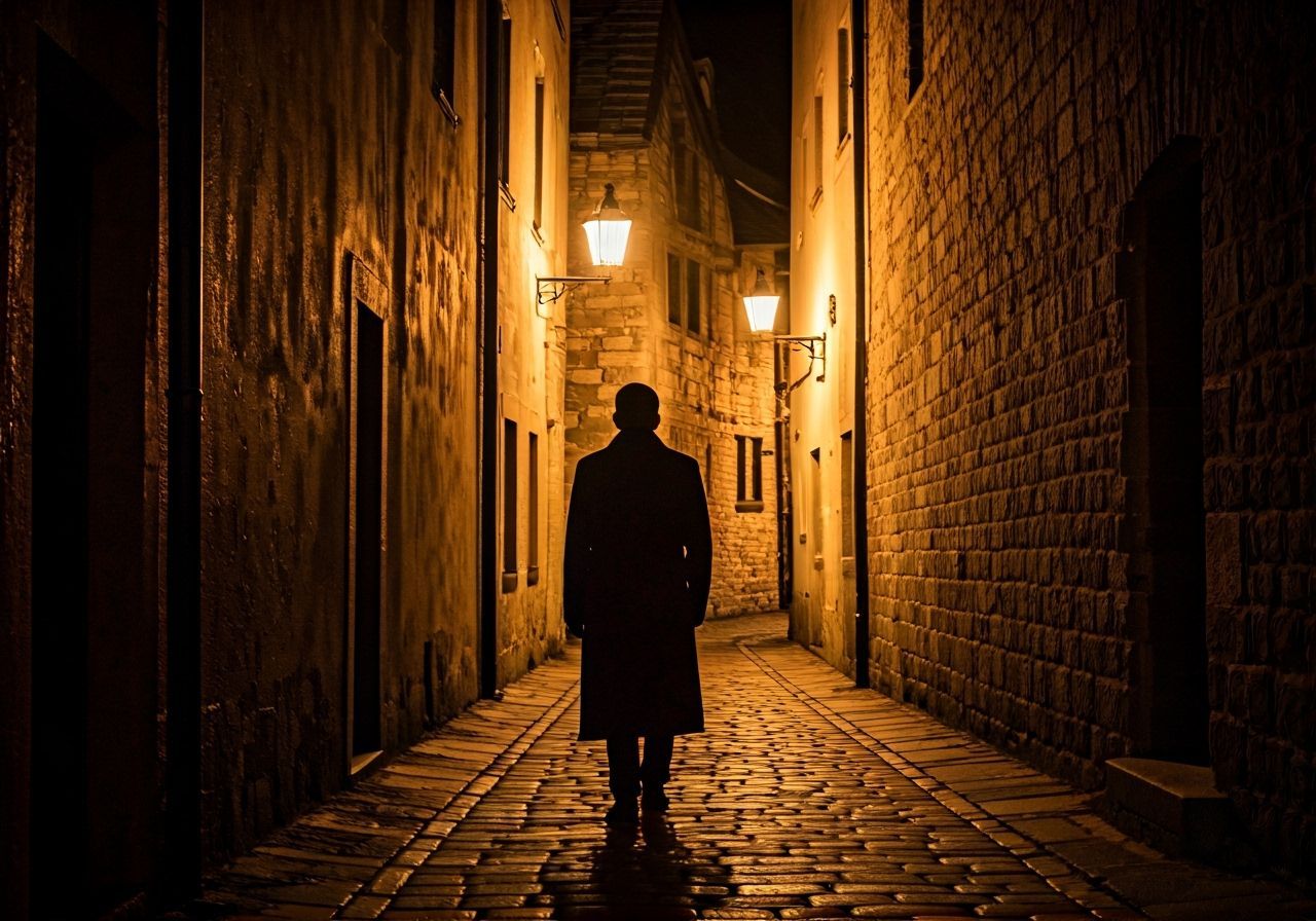 Mysterious Figure in Medieval Alleyway, Golden Lantern Light