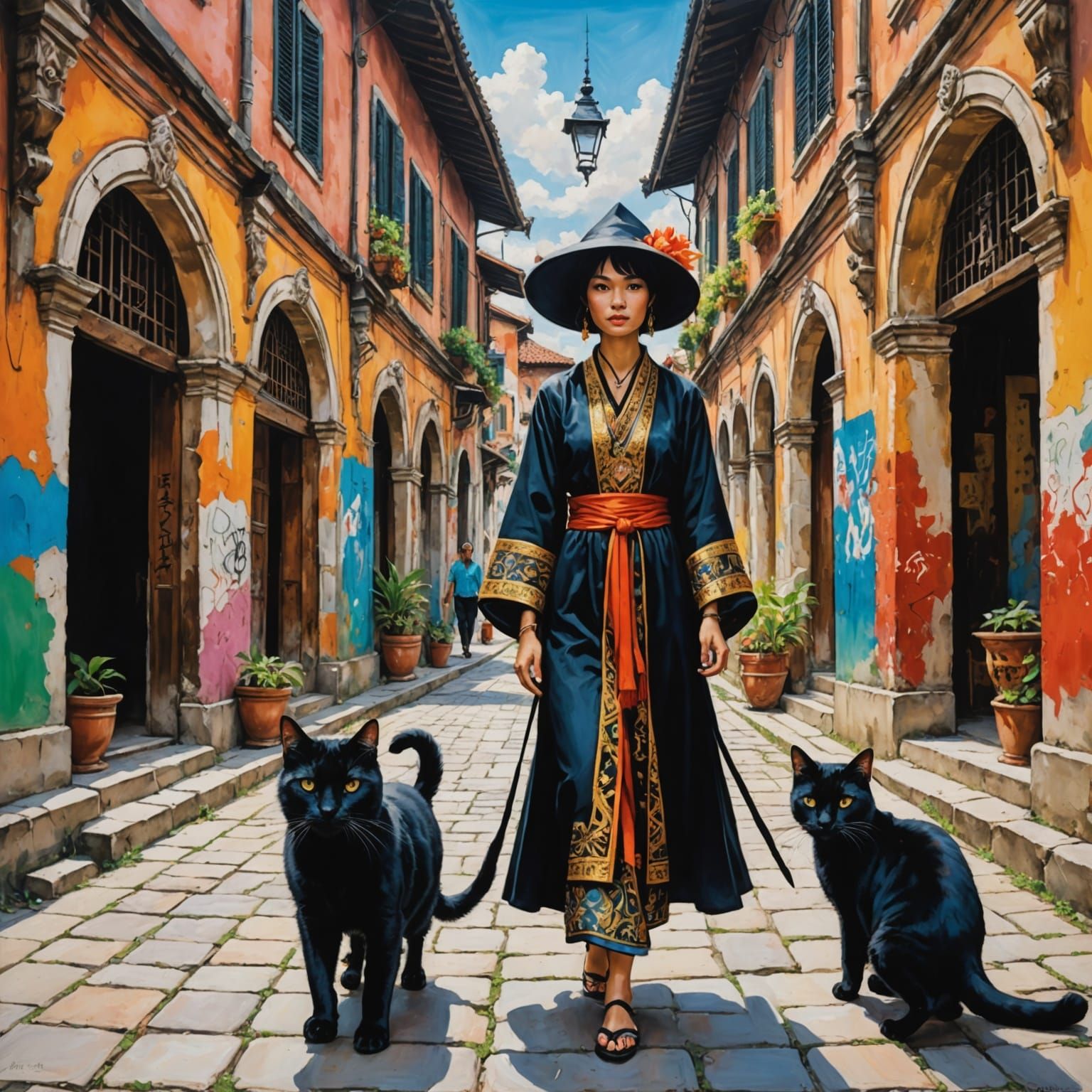Thai Sorceress Strolls Through Italian Renaissance City