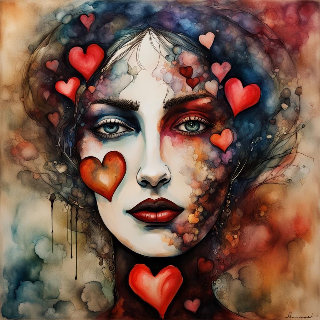Woman in Love with Hearts, Gothic Alcohol Ink Style