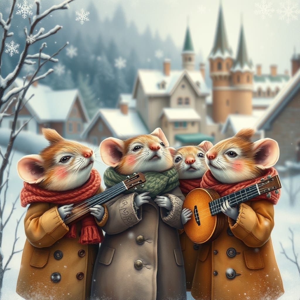 Mice Singing Carols in Snowy Village, Ethereal Watercolor St...