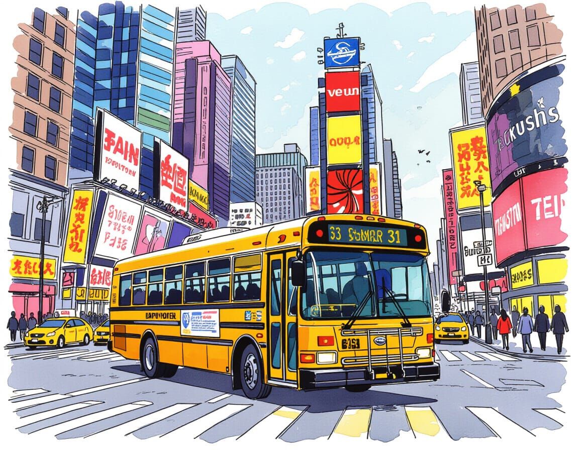 Yellow Bus in Cityscape as Ink Wash