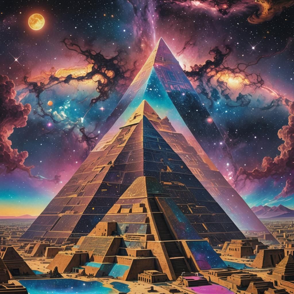 Cityscape Pyramid in Galaxy Wing, Vaporwave Klimt Style