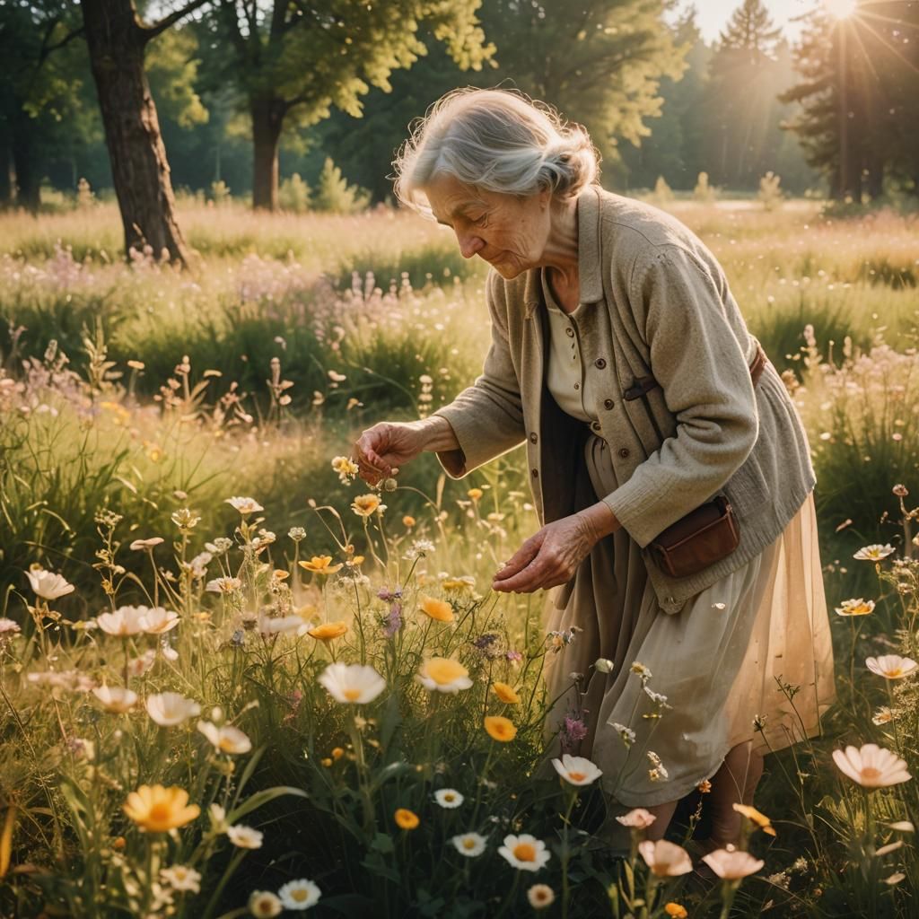 Golden Meadow: Warm Cinematic Photography of Old Woman