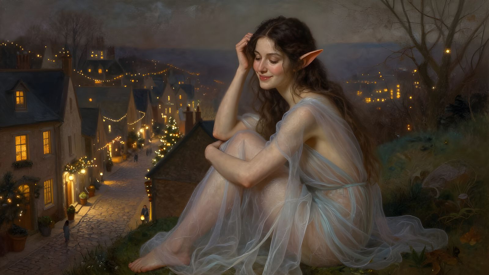 Elf Overlooking Town in Ethereal Fantasy Oil Painting