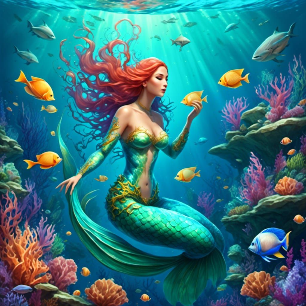 Bioluminescent Mermaid in Coral Reef
