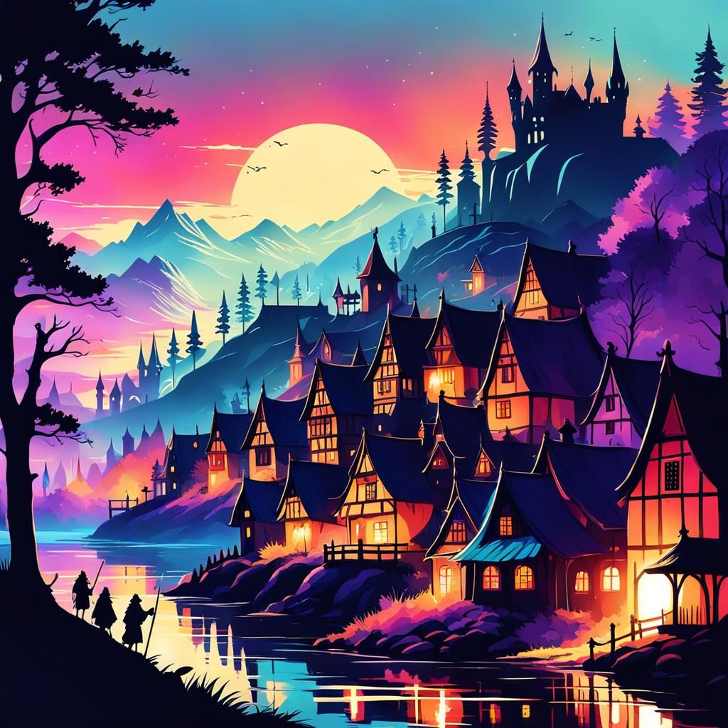 Fantasy Medieval Village Silhouette Poster Art
