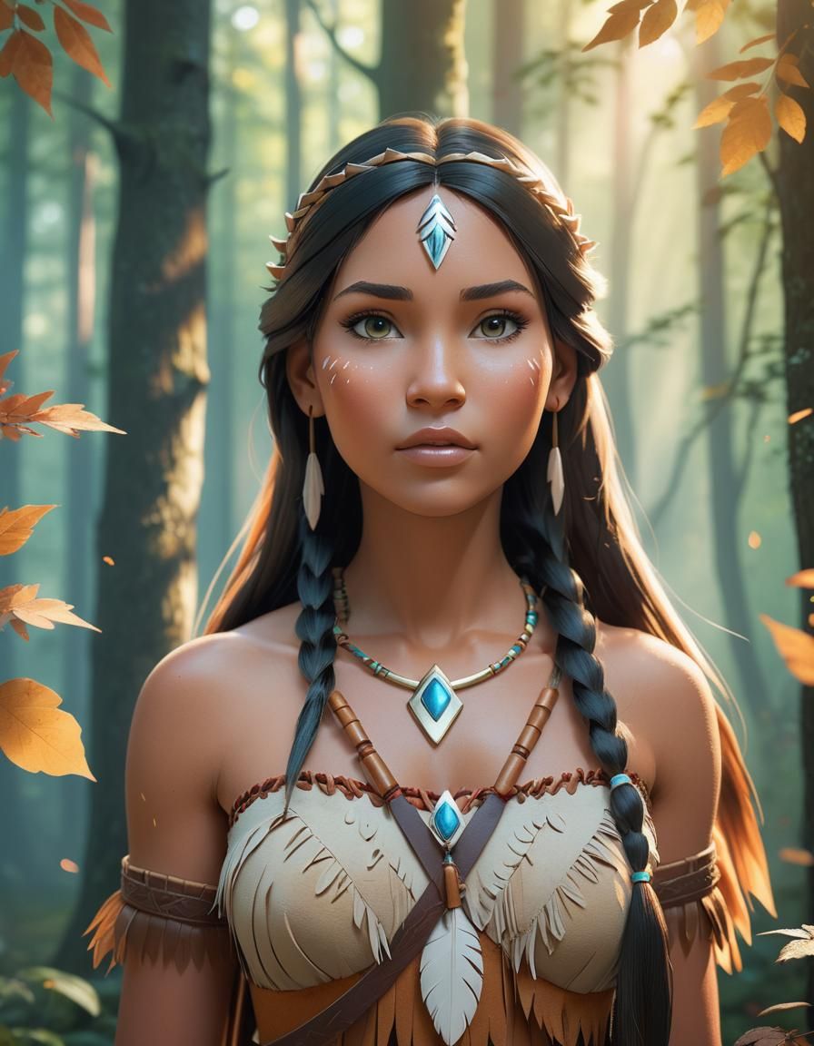 Anime Pocahontas in Forest with Soft Lighting