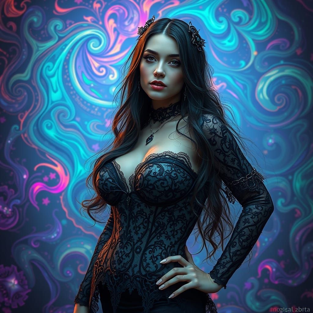 Gothic Goddess in Whimsical, Hyper-Realistic Environments