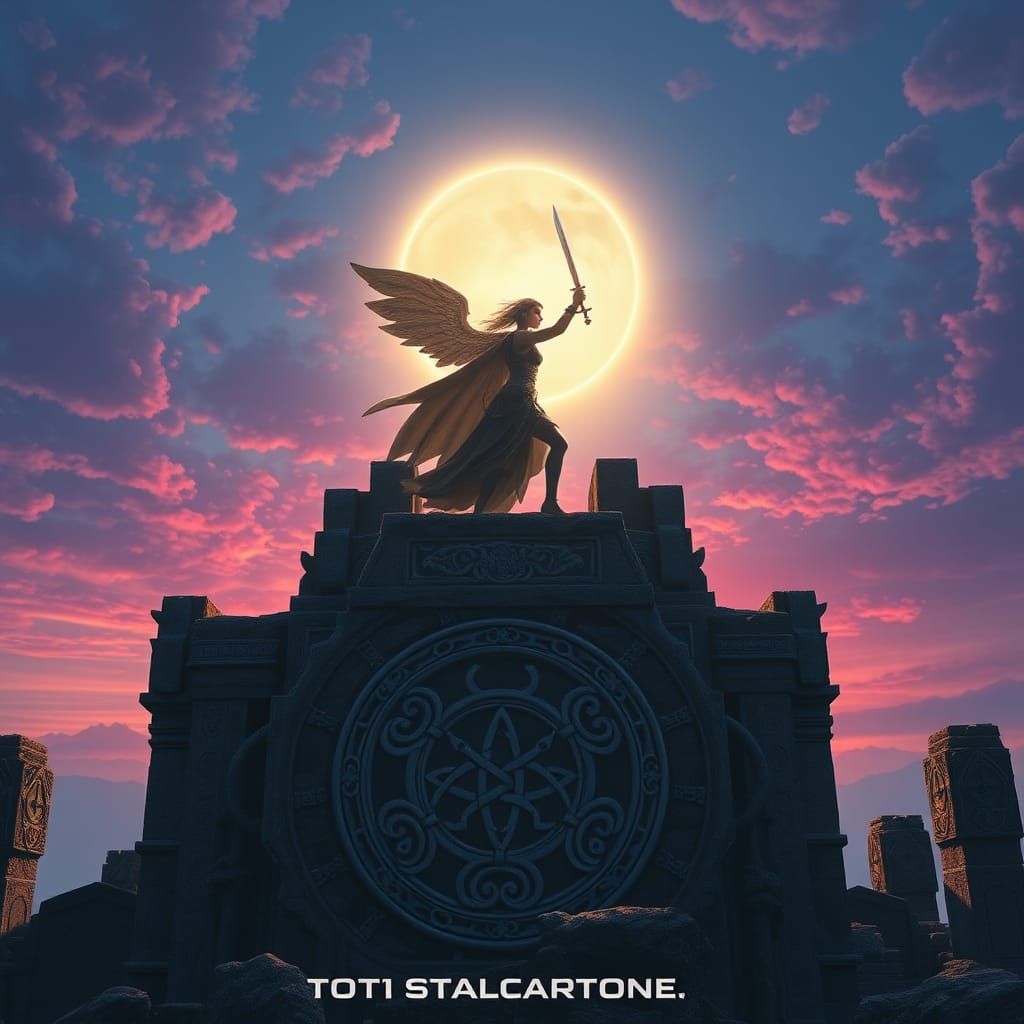 Ethereal Warrior in a Mystical Sunset Landscape