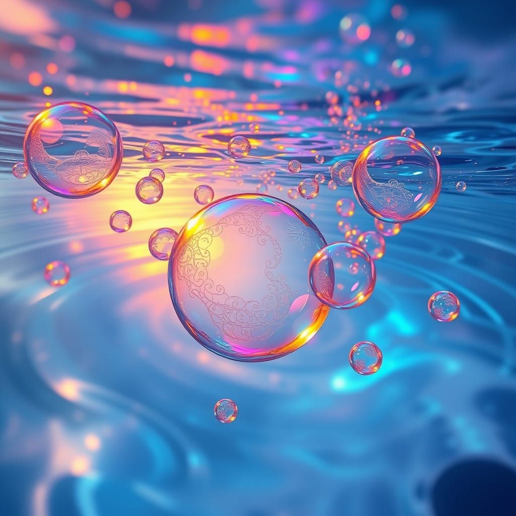 Dreamy Bubbles Rise in Crystal-Clear Water, Cyberpunk Style