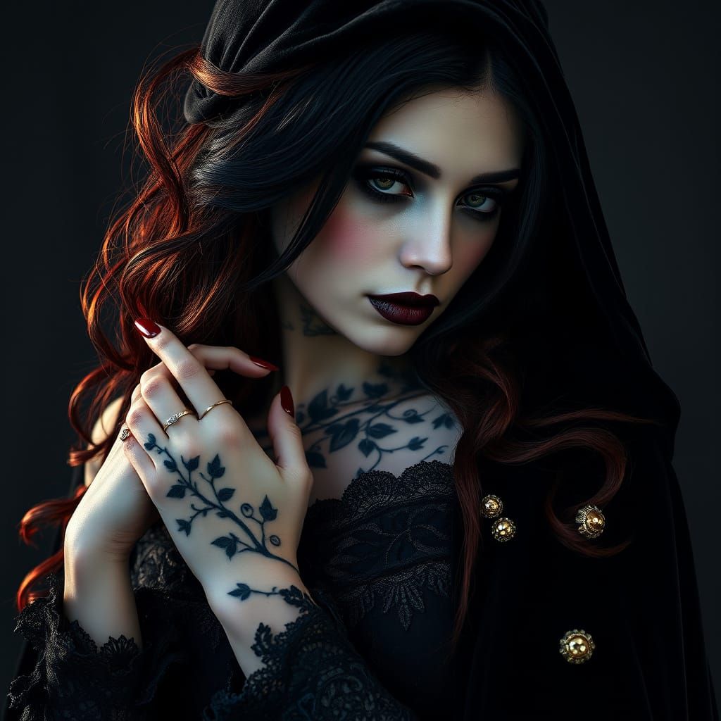 Gothic Woman in Dark Velvet Attire with Ivy Vine Tattoo
