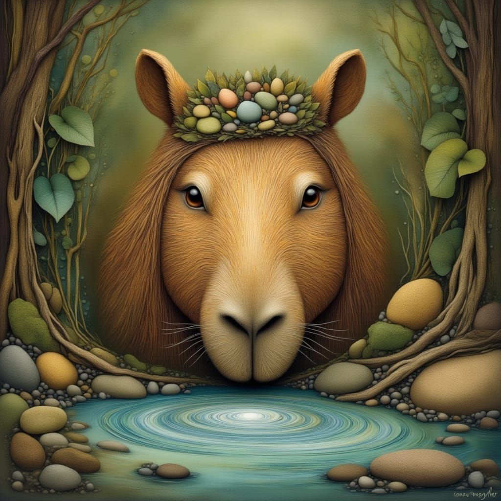 <lora:Stoneart:1.0> A capybara drinks from a stream in the rainforest . <lora:Archetypal Images:0.5> Stoneart