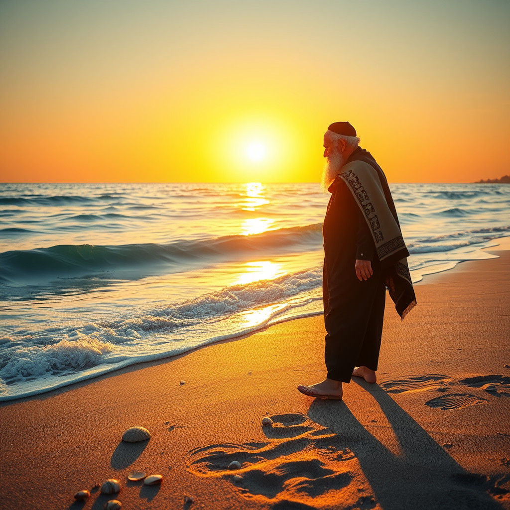 Devout Jewish Man Praying by the Ocean Shore