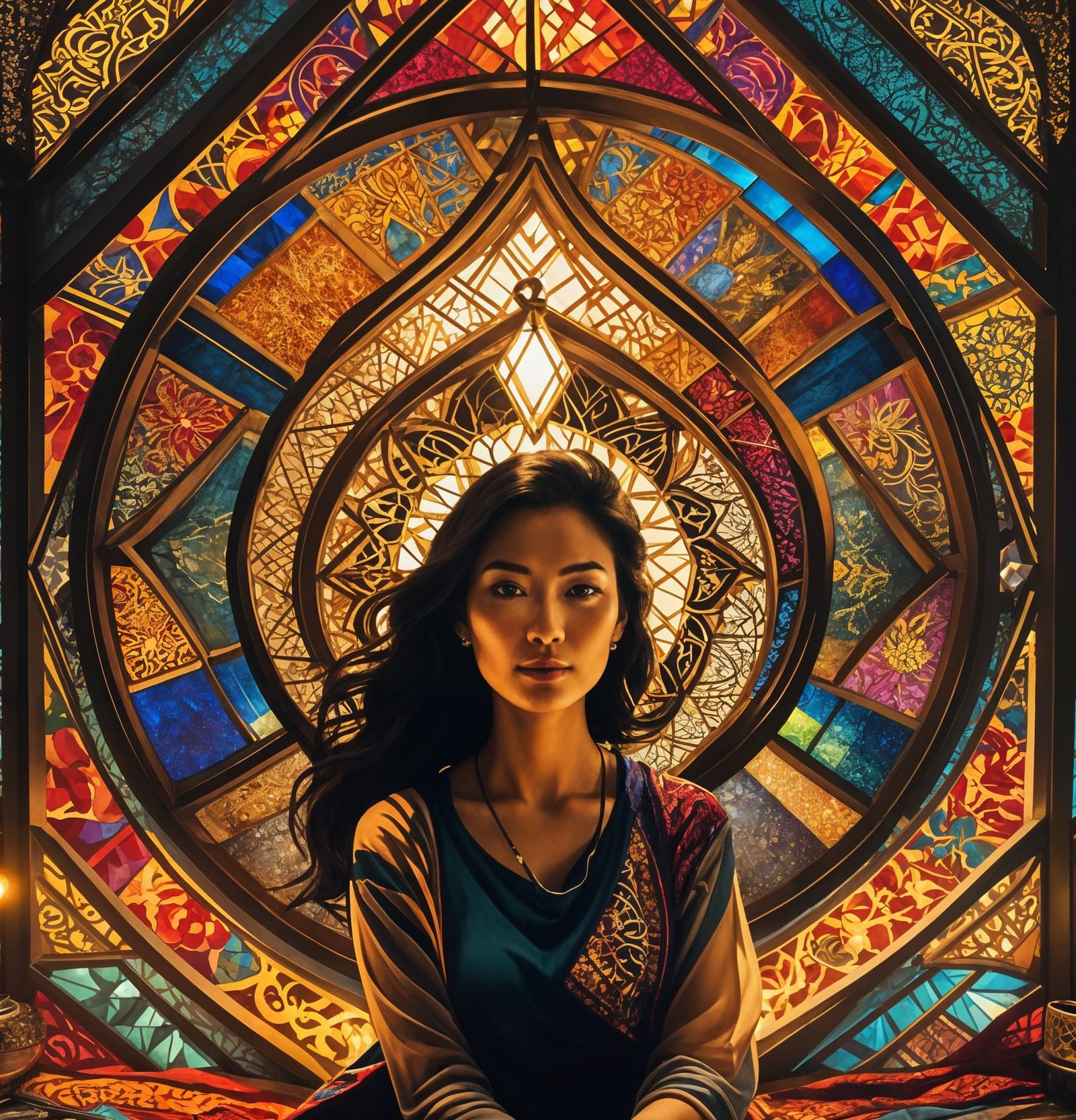 Kaleidoscopic Lantern Portrait: A Cozy Indoor Scene