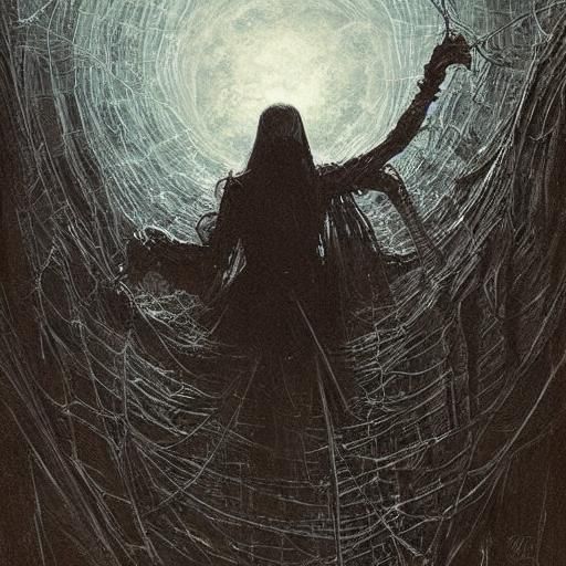 Giant Spider-Woman in Web: Horror Illustration