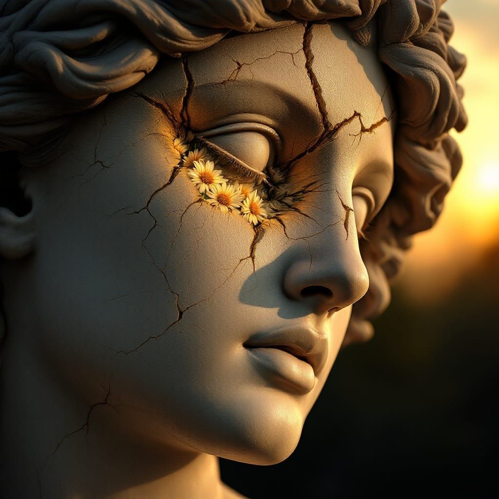 Classical Realism Flower Emerging from Weathered Grecian Sta...