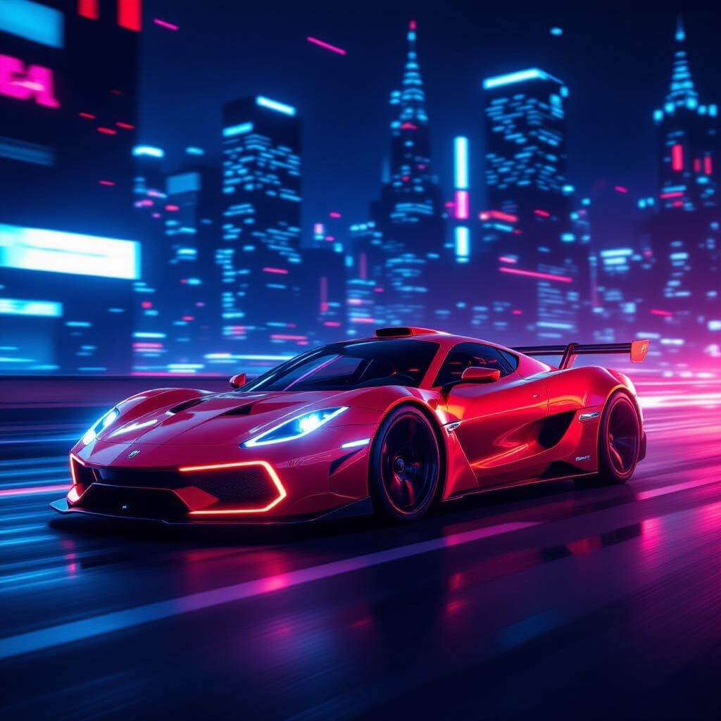 Futuristic Sports Car Speeding Through Neon Cityscape