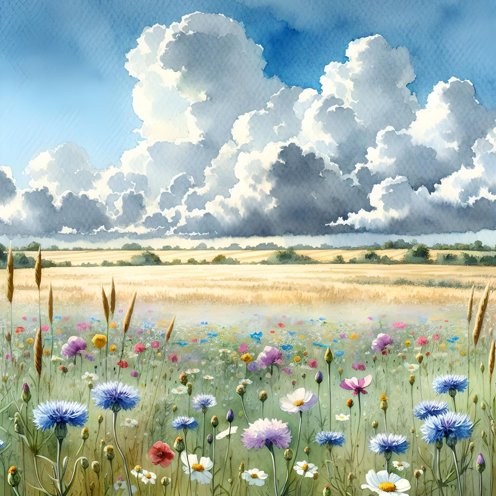 Whimsical Watercolour Painting of a Wildflower Field under P...