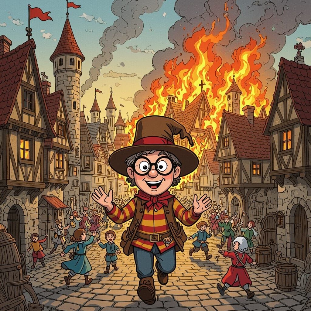 Waldo Amidst Burning Medieval Town in Whimsical Style