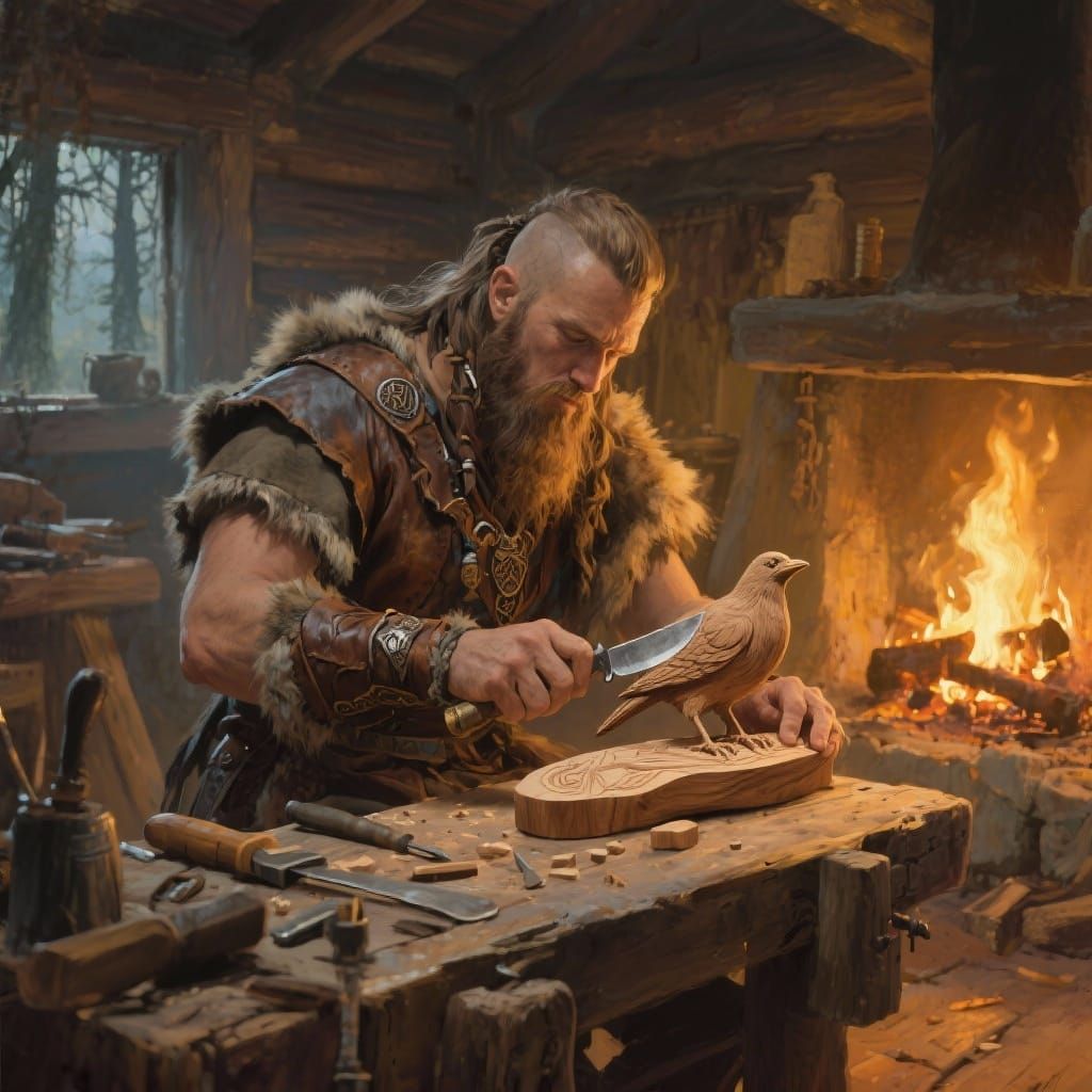 Barbarian Warrior Carves Wooden Bird in Cozy Cabin