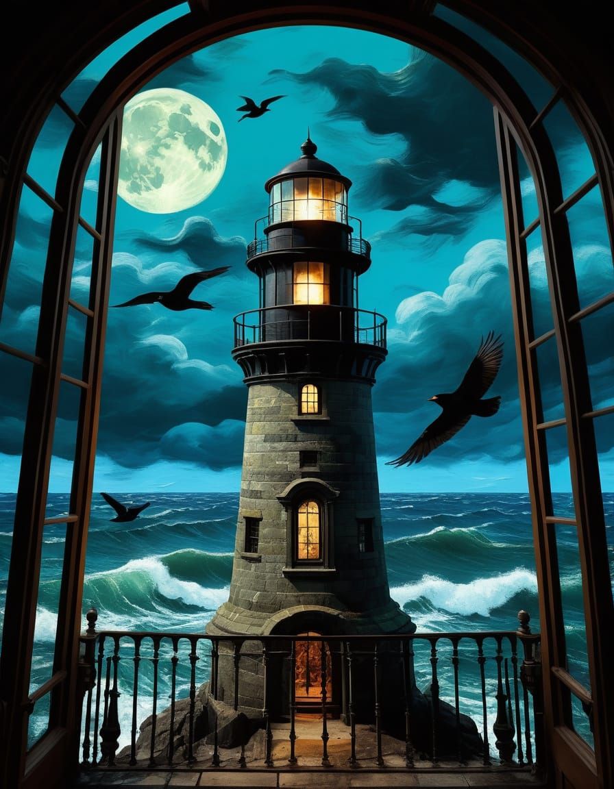 Steampunk Lighthouse Interior with Van Gogh Waves