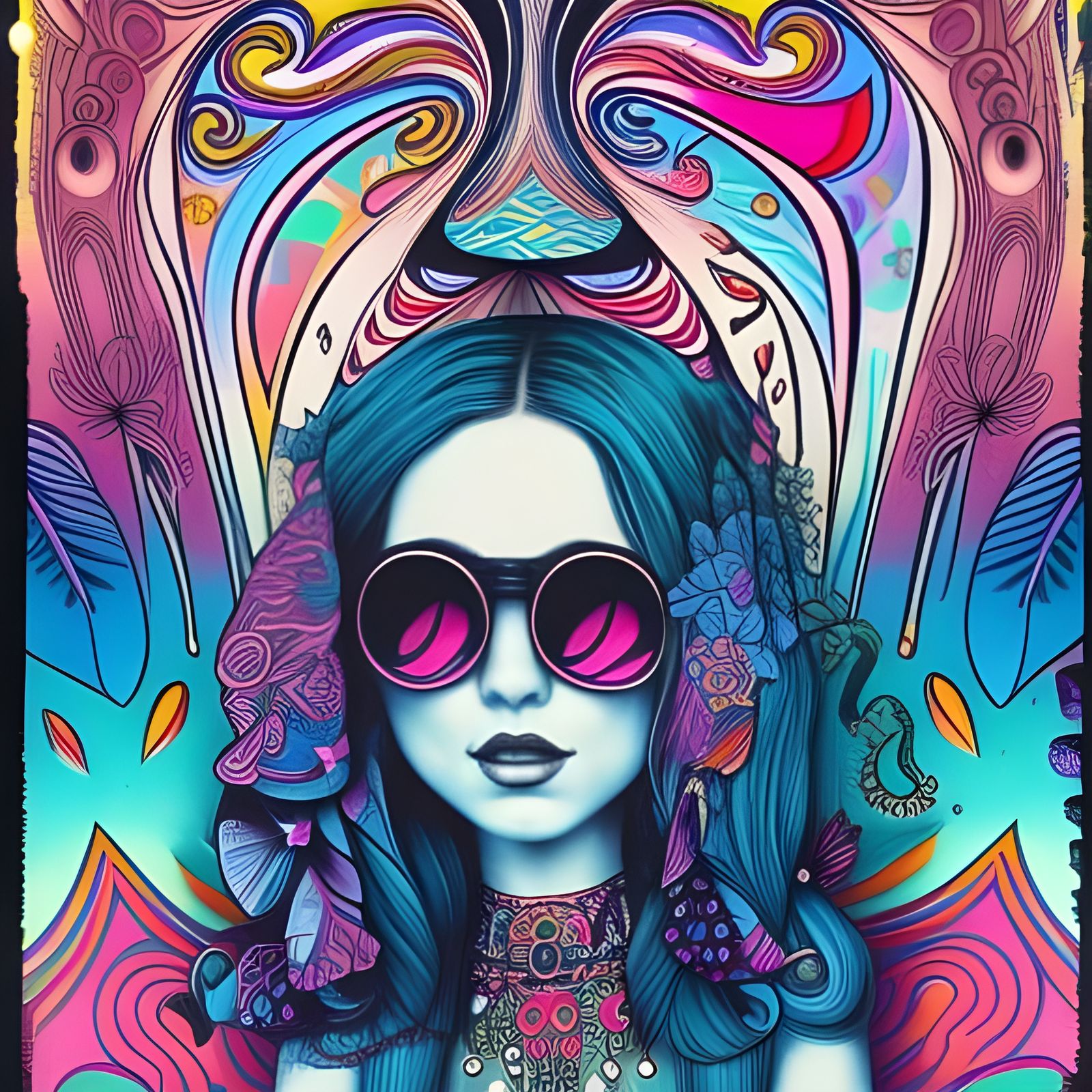 Psychedelic Hippie Girl in Polaroid Style