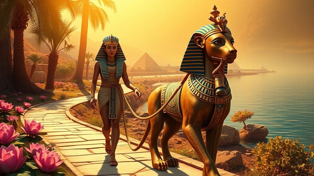 Egyptian Queen and Sphinx Walk Along the Nile in Golden Sple...