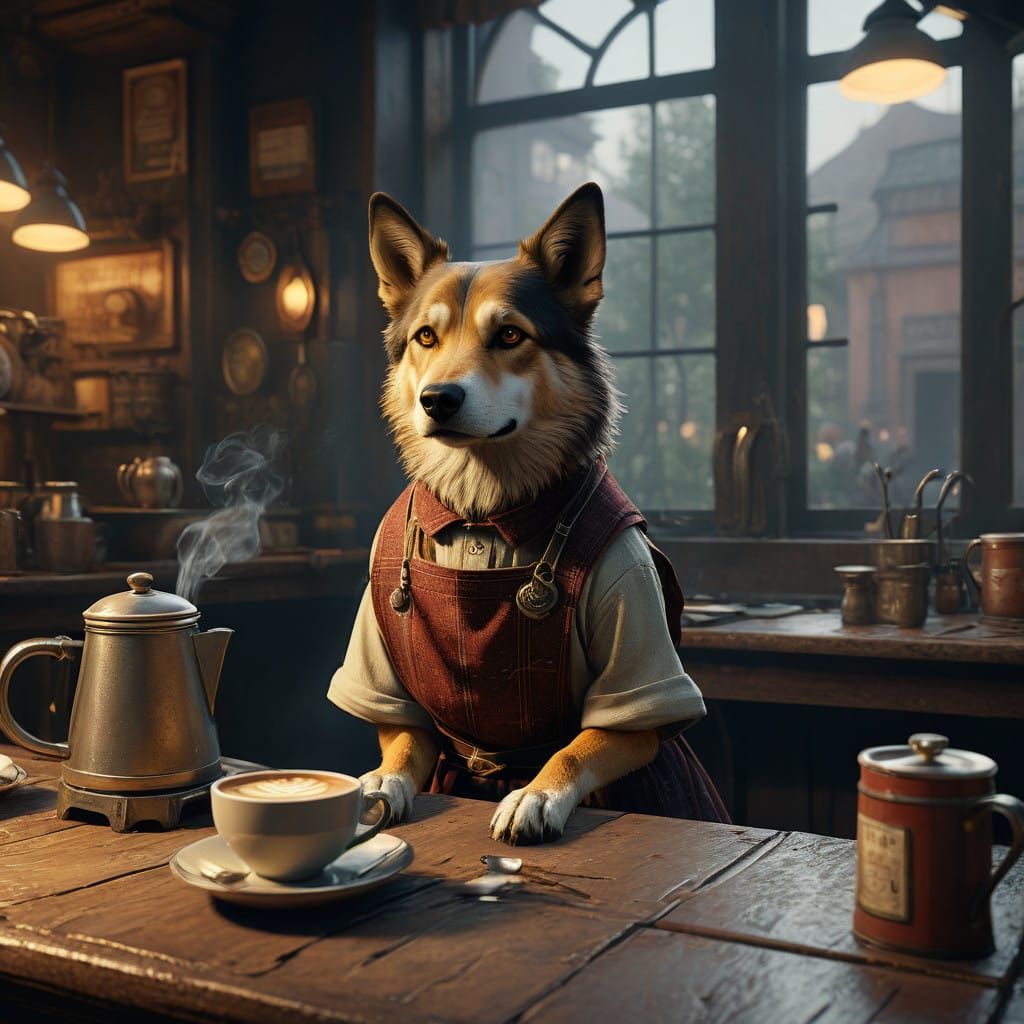 Serving Coffee in a Cozy Cafeteria, a Female Dog's Delightfu...