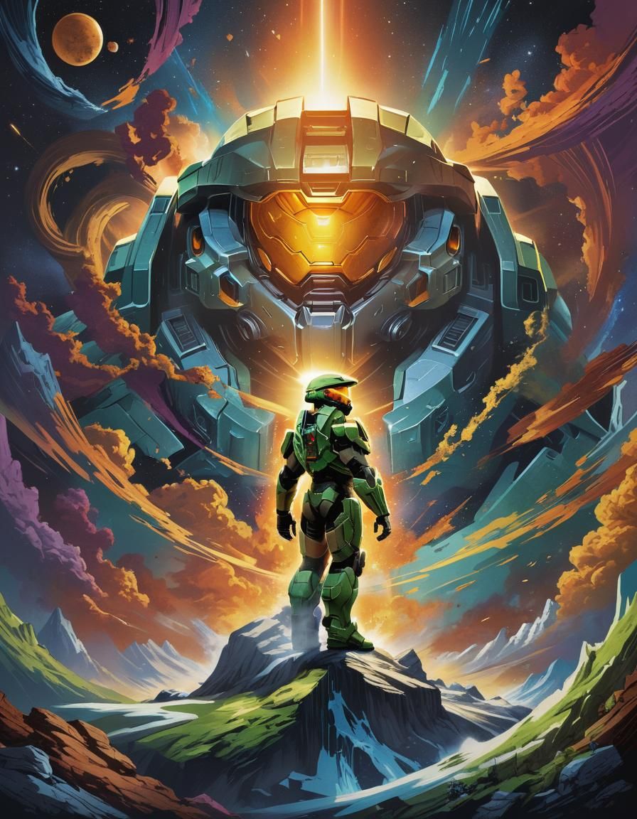 Master Chief Illustration in Cel-Shading Inkpunk Style