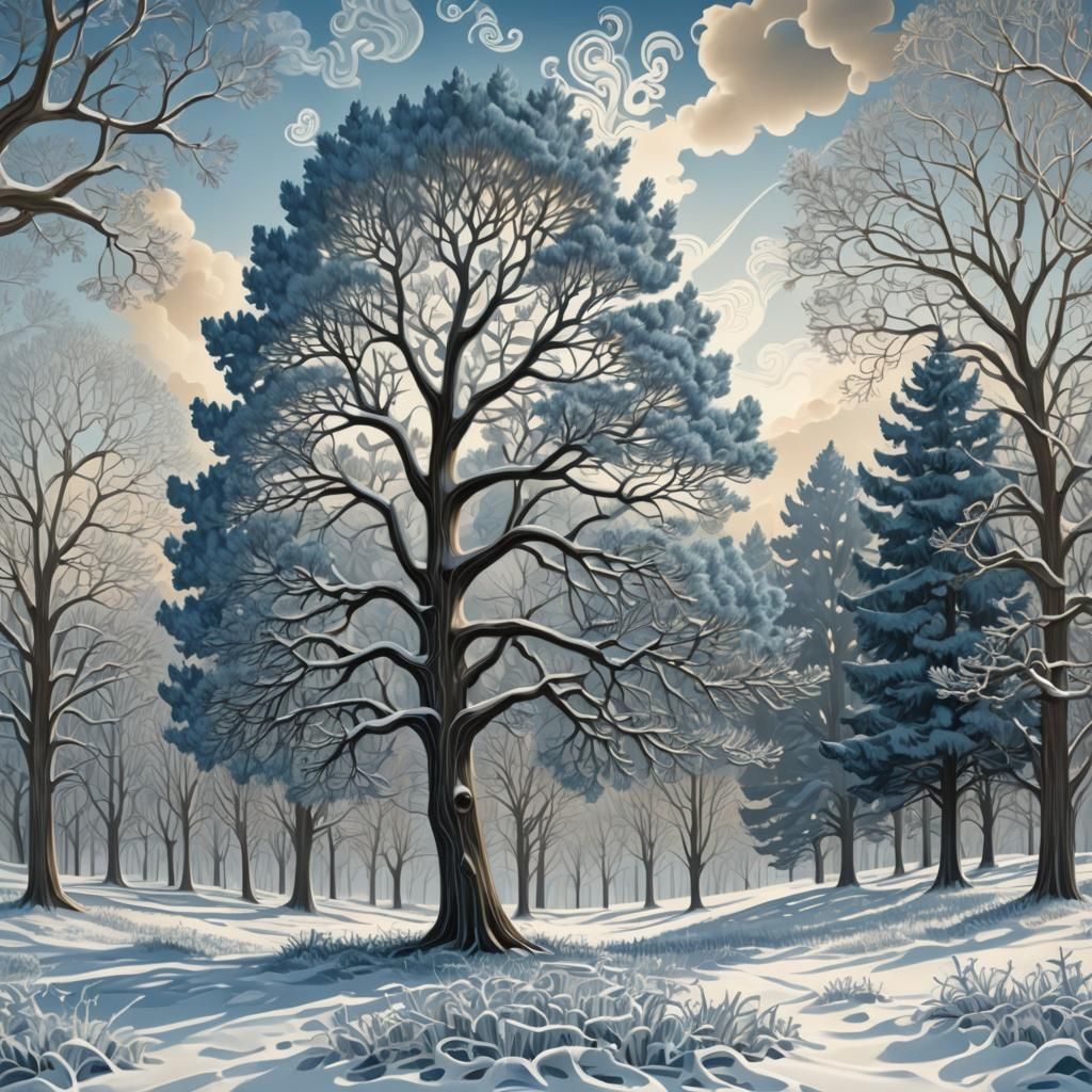 Snowy Meadow Painting with Abstract Fractal Elements