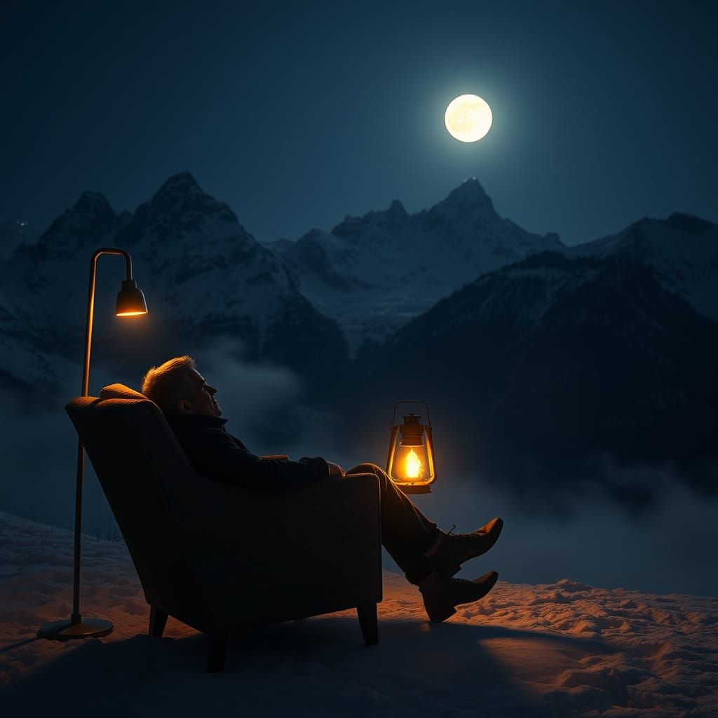 Figure Relaxing by Lantern Light in Swiss Alps Night