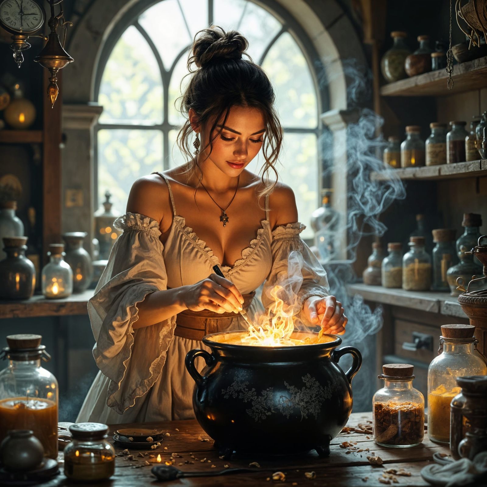 Apothecary Scene with Woman Mixing Potion