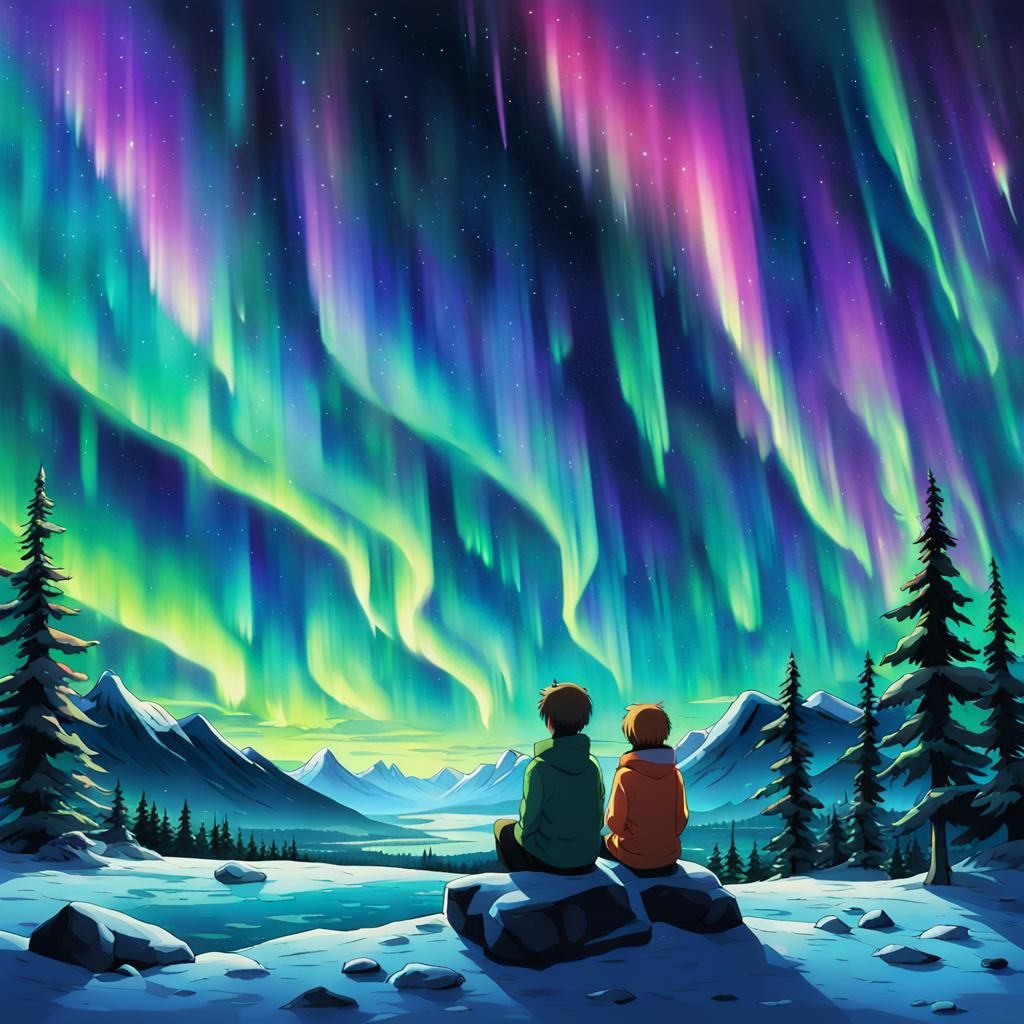 Anime Scene of Aurora Borealis Sky