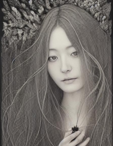 Woman with Narcotic Flower in Etching Style