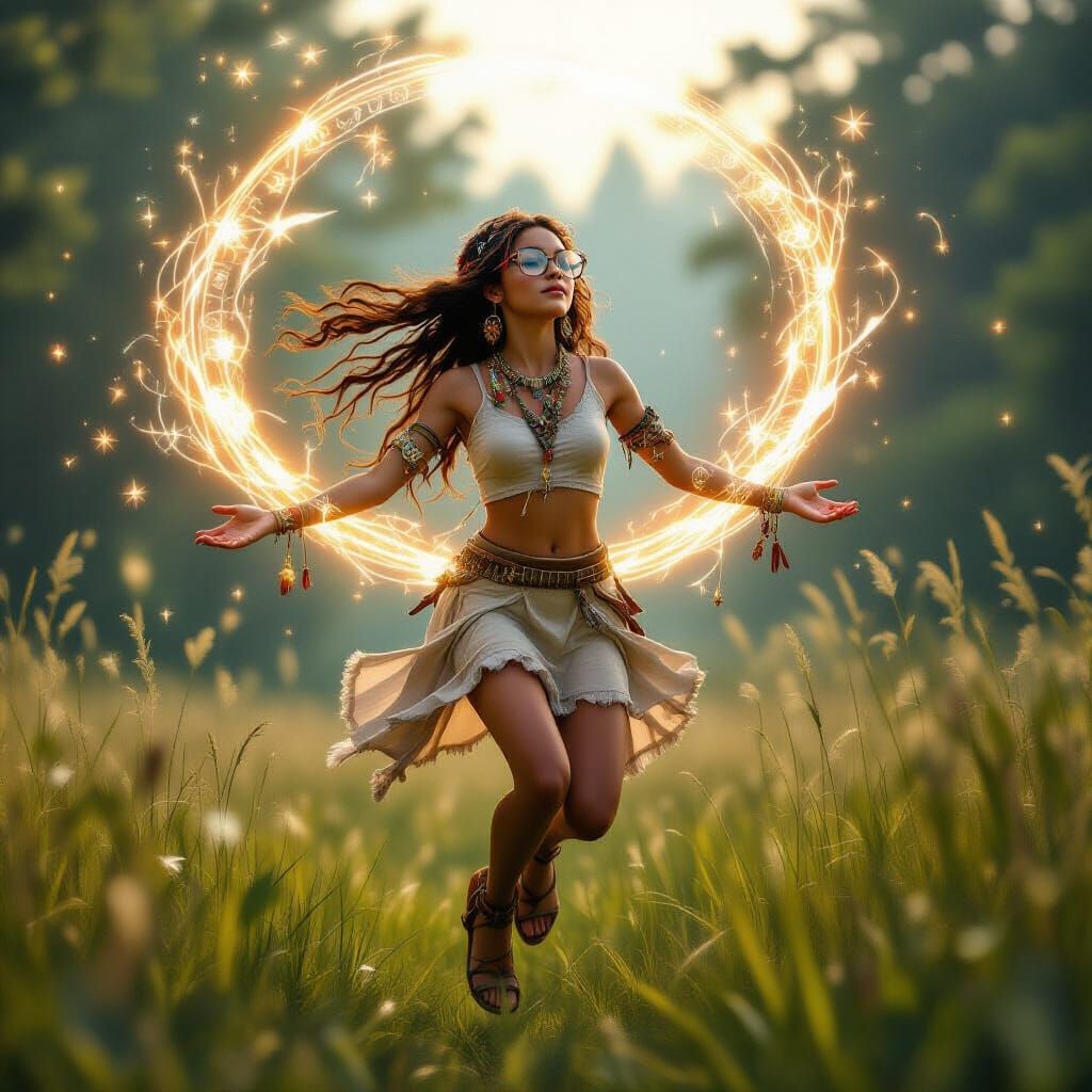 Tribal Witch Girl Floating Over Meadow in Glowing Magic