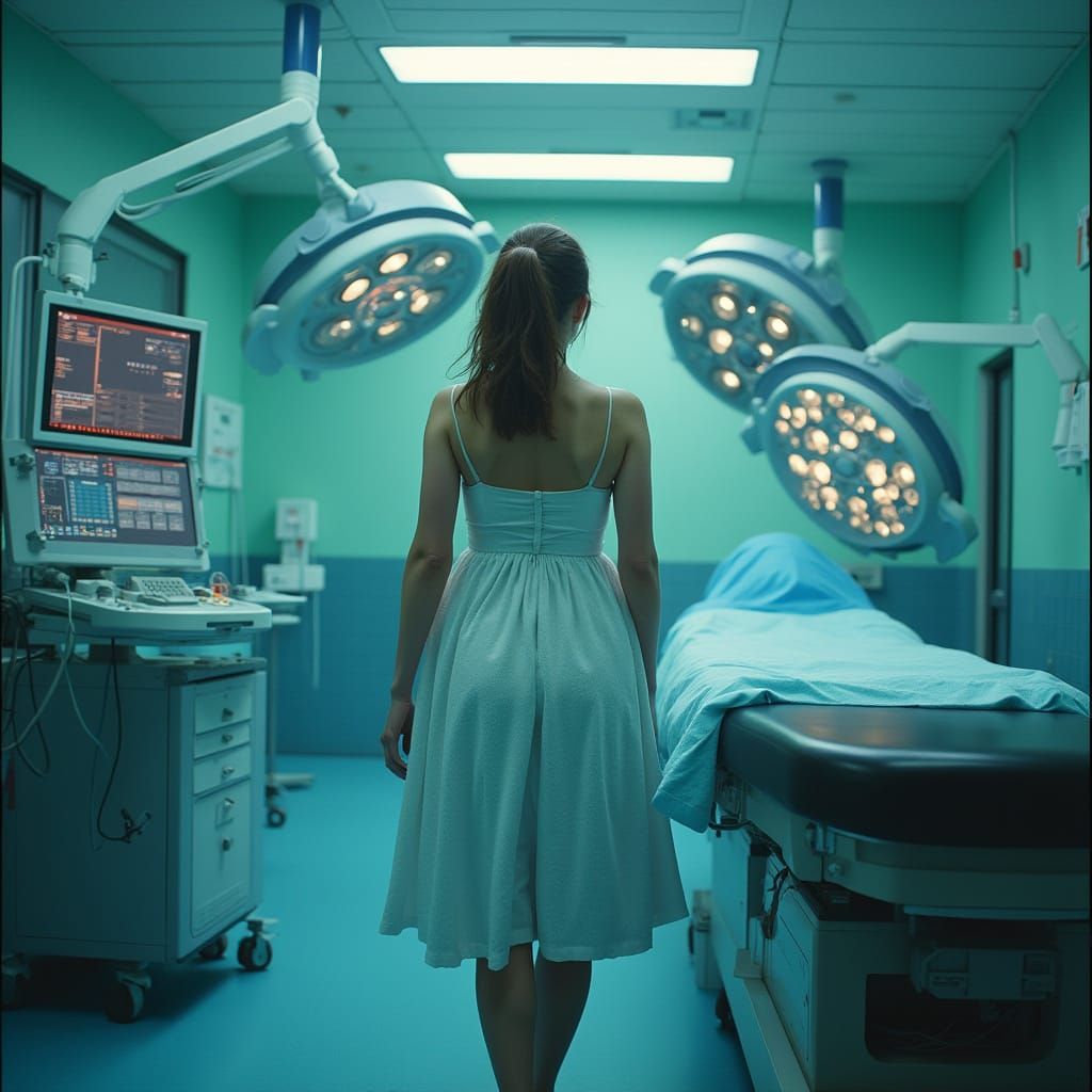 Figure Enters Operating Theatre with Dramatic Lighting