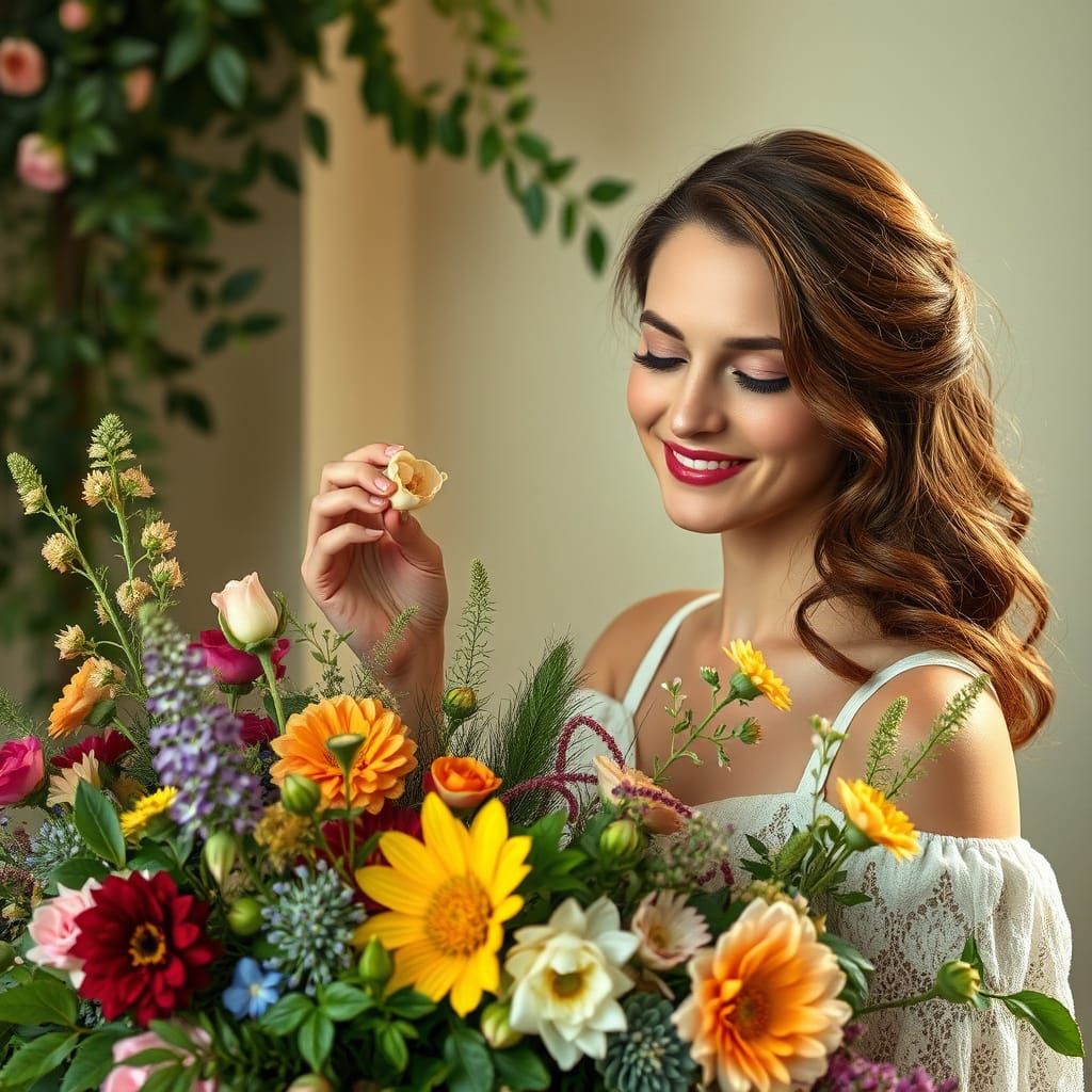 Elegant Woman Surrounded by Vibrant Floral Arrangement in Wh...