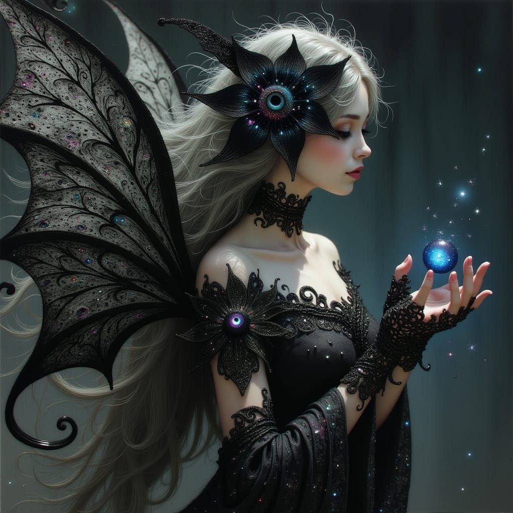 Ethereal Victorian Goth Pixie Amidst Dark Celestial Hues