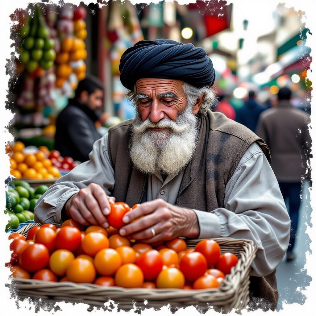 Elderly Israeli Man Selects Tomato in Bustling Market, Semi-...