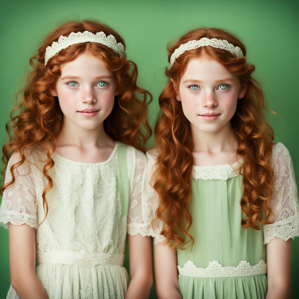 Red-Haired Twin Girls Portrait with Freckles