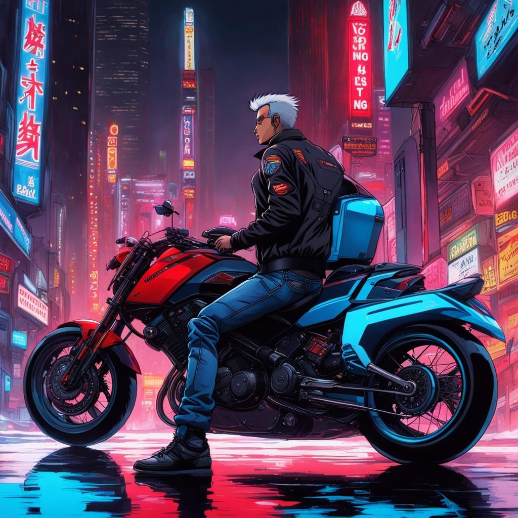 Anime-Style Cyberpunk Scene with Motorcycle